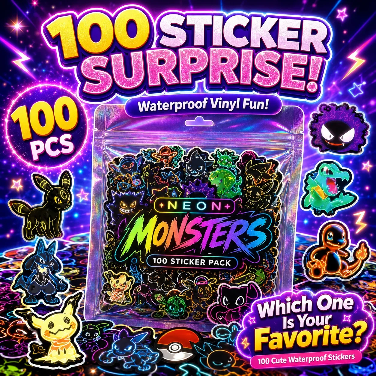 100pcs Neon  Pokémon  Stickers - огляд і ціна Skateboard